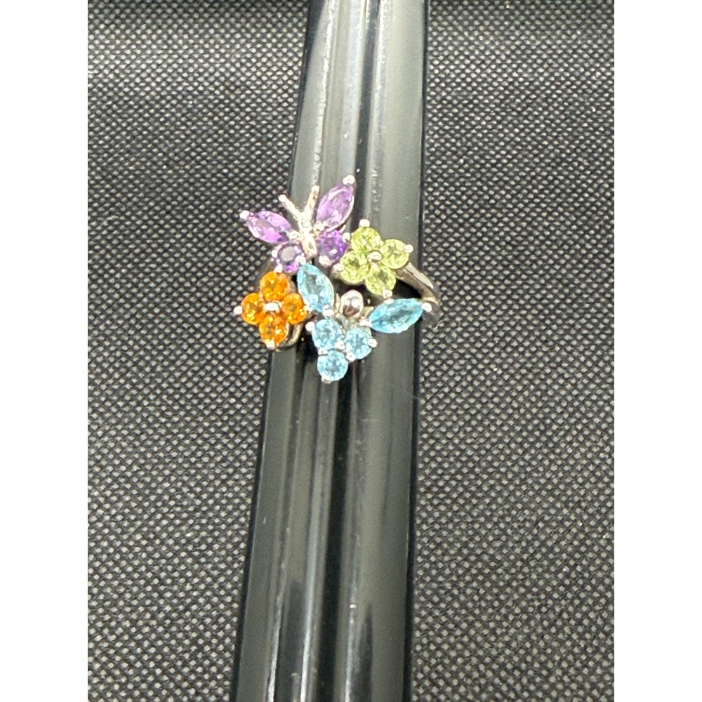 925 Sterling Silver Multi Gemstone Butterfly Flower Cluster Ring Size 6